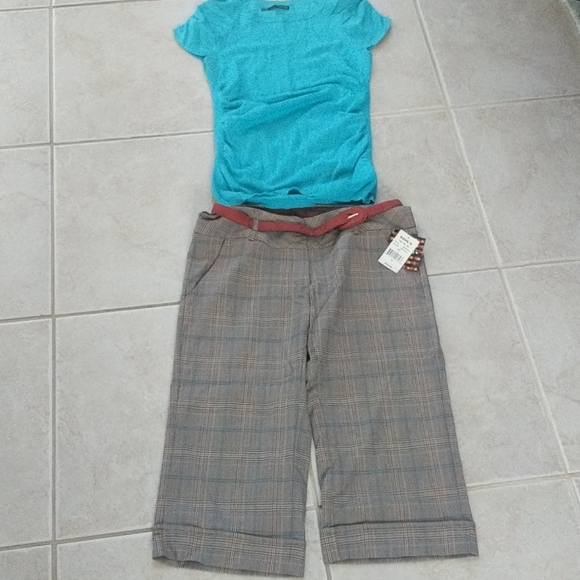 NWT sz5 dress capri, tan and teal pin stripe, top - Picture 1 of 8